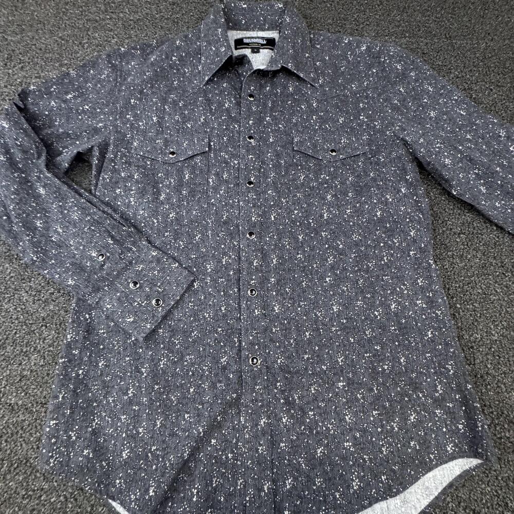 Rock & Roll Denim Shirt Mens M Gray Floral Long Sleeve Button Up Pocket Casual